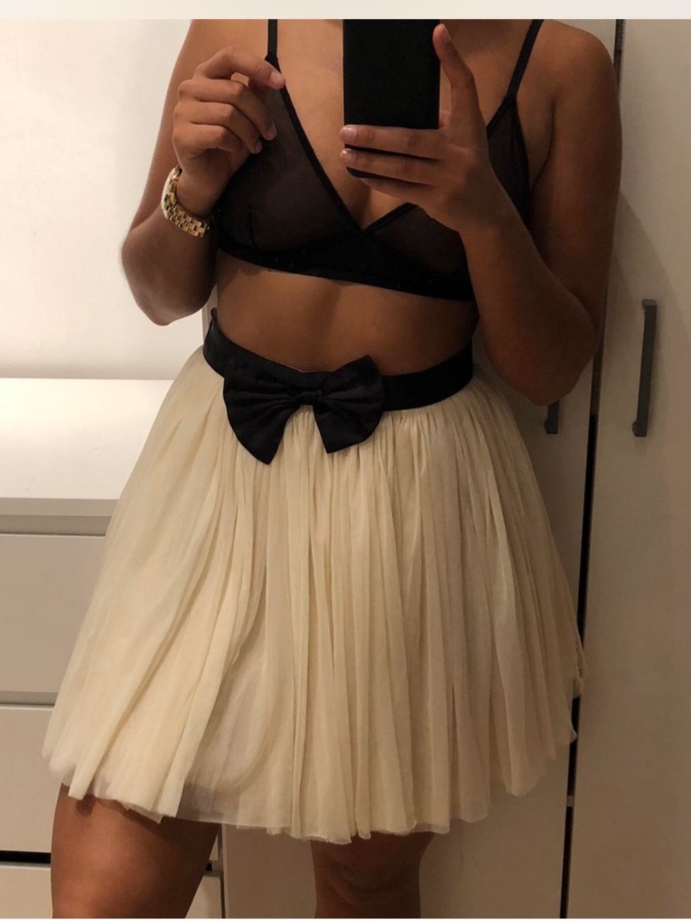 Lipsy ASOS NWT Cream Tulle A-Line TUTU Circle Skirt with Black Bow Waistband MED